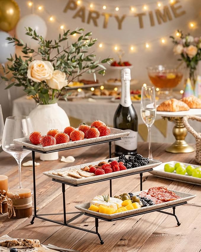 LAUCHUH 3 Tier Serving Tray, Porcelain Serving Platters and Trays for Party 12 Inch Tiered Tray Stand Cupcake Stand with Collapsible Sturdier Rack for Mother's Day Serving Food, Speckled Glaze