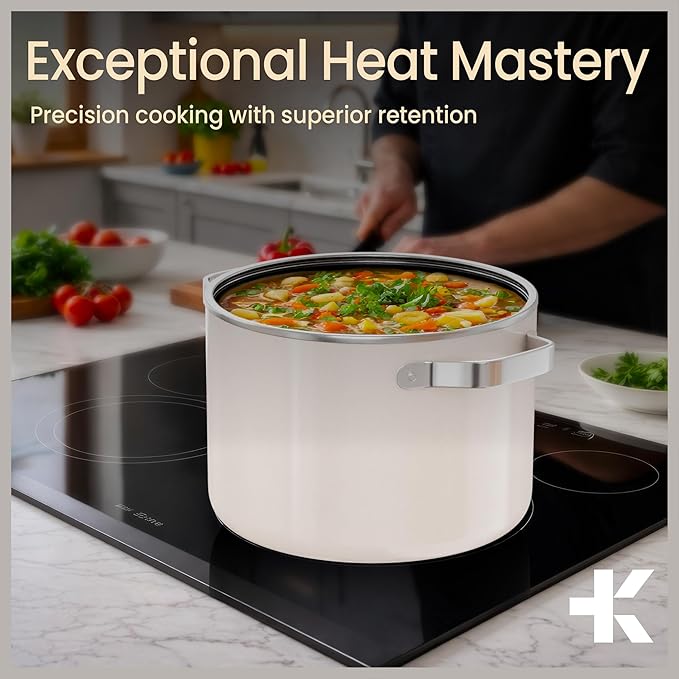 Bakken 8.5 Quart Ceramic Coated Stock Pot with Lid, Easy Clean Nonstick Pot, Tempered Glass Lid, Riveted Stainless Steel Handles, Oven Safe Up To 500°F, PTFE & PFAS Free, All Stove Compatible, Cream