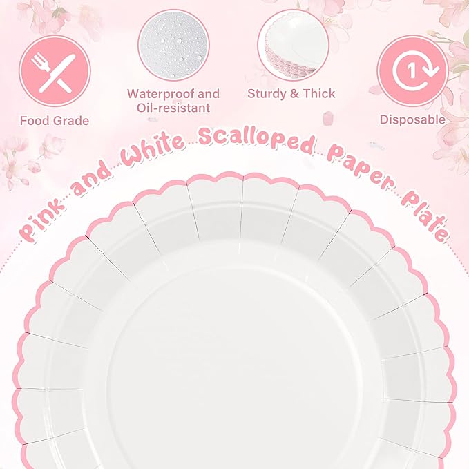 30 Pcs Pink and White Paper Plates, 9 Inch White Party Plates, Pink Scalloped Dinner Paper Plates Wedding Plates Party Supplies for Baby Girl Shower, Wedding, Mother's Day, Birthday, Easter Party