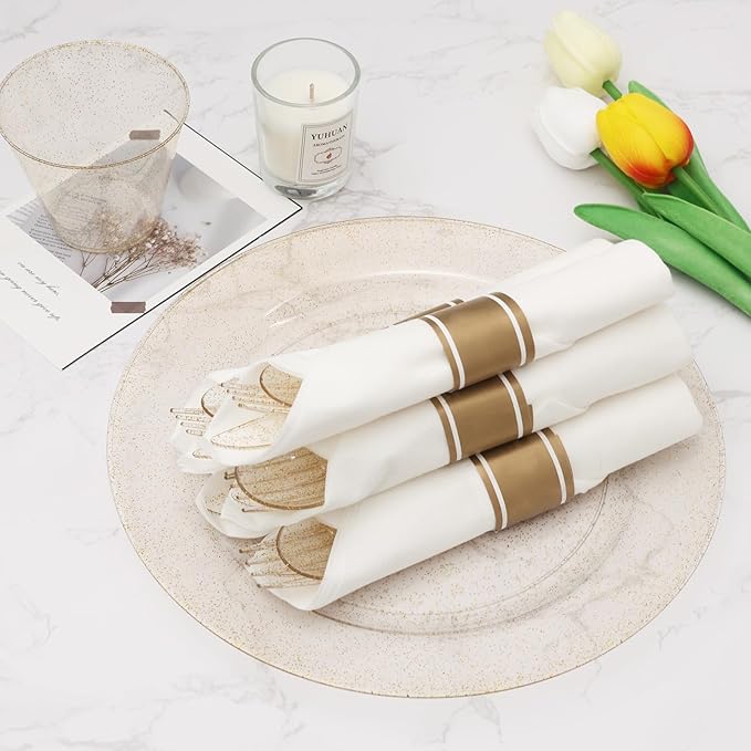 Goodluck 100 Pack Pre Rolled Gold Glitter Plastic Silverware, Wrapped Cutlery Set with Napkin Include 100 Forks, 100 Knives, 100 Spoons and 100 Napkins, Fancy Disposable Silverware for Party, Wedding