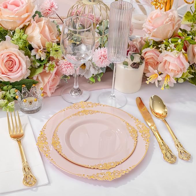 200PCS Pink and Gold Plates - Pink Plastic Plates - Fancy Disposable Plate with Gold Rim - Vintage Wedding Dinner & Dessert Plate Easter for 100 Guests for Wedding & Bridal Shower