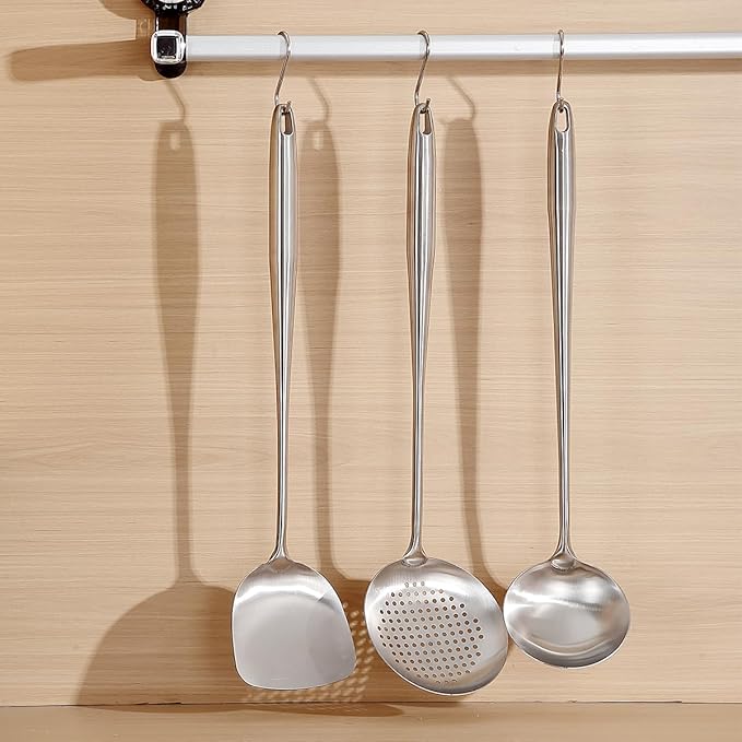 Berglander Wok Spatula Set, Stainless Steel Kitchen Cooking Utensils - 17" Wok Tools: Spatula, Ladle, Skimmer