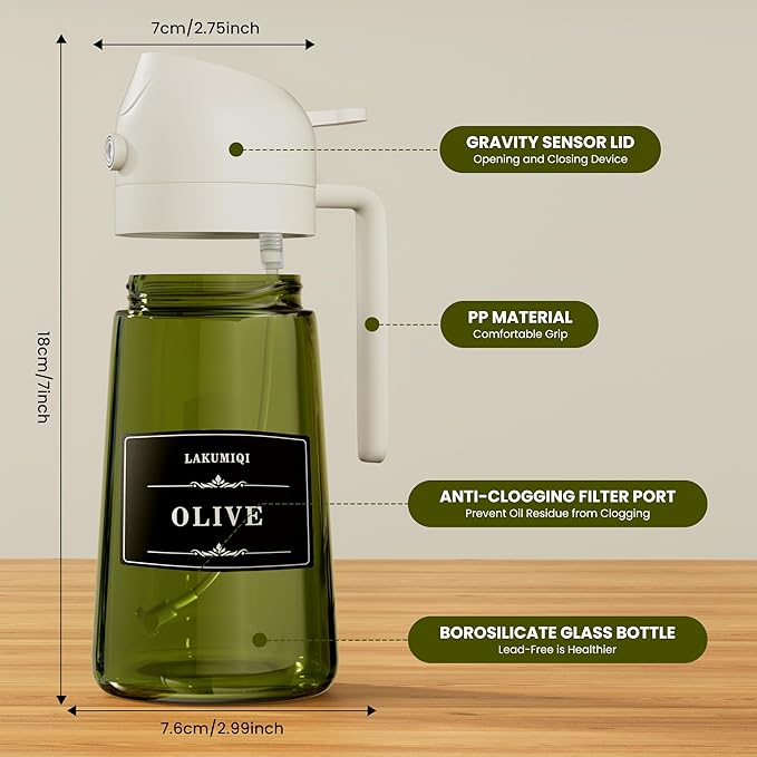 2 in 1 Oil Sprayer for Cooking, 16oz Olive Oil Dispenser Bottle for Kitchen, Food Grade Light-Blocking Leak Proof Glass Spray Bottle for Salad, Air Fryer, BBQ