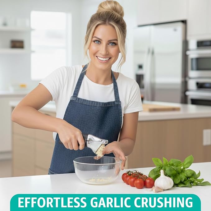 Garlic Press Set β Heavy Duty Rust-Resistant Garlic Crusher & Mincer with Ergonomic Handles, Easy Squeeze Manual Garlic Press, Cleaning Brush & Silicone Peeler, Large Chamber Kitchen Tool