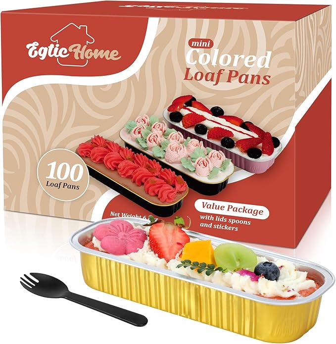 Mini Loaf Pans with Lids and Spoons (100 Pack, Gold, 6.8oz) Rectangular Aluminum Foil Baking Pans