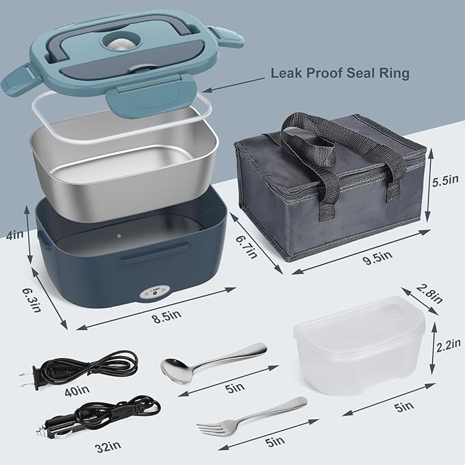 Vabaso Electric Lunch Box Food Heater, 80W Electric Heating Lunch Boxes Lunch for Adults/Men/Car/Truck/Work, 1.5L Removable 304 Stainless Steel Container, 110V/12V/24V, with Fork & Spoon