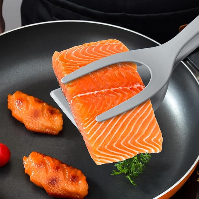 Egg Flipper Spatula 2 in 1 Grip and Flip Spatula Tongs Egg Spatula Flipper Made of High temperature resistant Nylon with Non-Stick Coating Egg Flipper for Home Kitchen Cooking Tool (black and gray)