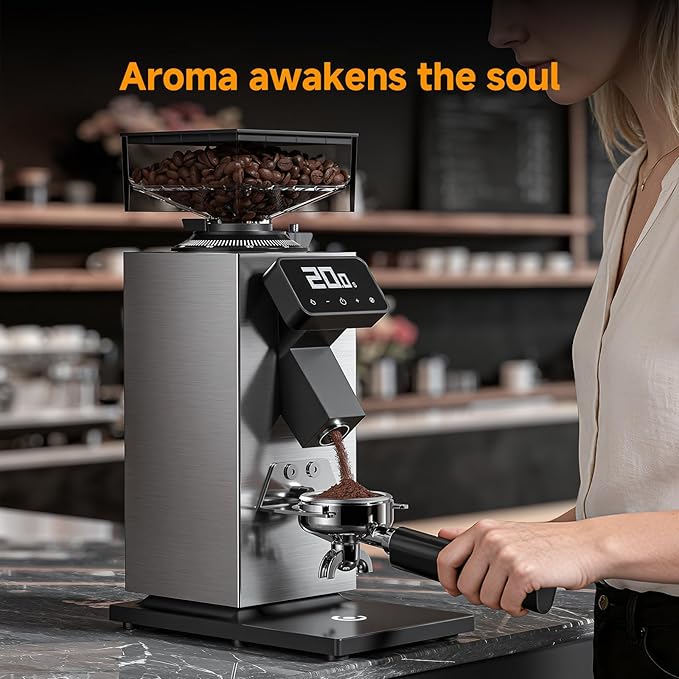 Commerical Flat Burr Coffee Bean Grinder, Electric Espresso Grinders for Home Use with All-Metal Chamber and 90 Presice Settings, Stainless Steel Housing, Anti-Static, LED Panel, Sliver