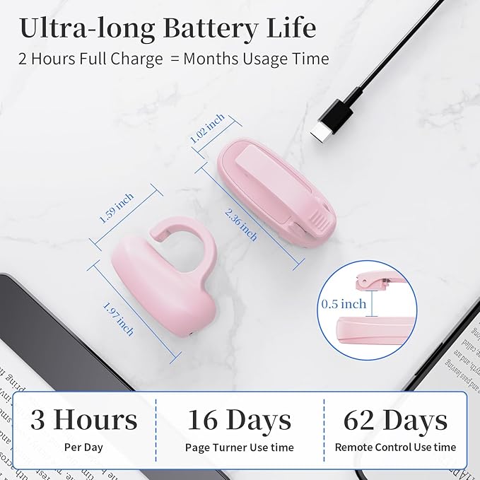 Finger Ring Kindle Page Turner Remote, Rechargeable Wireless Clicker for Kindle Paperwhite, E-Readers & Camera, Perfect for Hands-Free Reading Anywhere, Bed, Treadmill Reading (Pink)