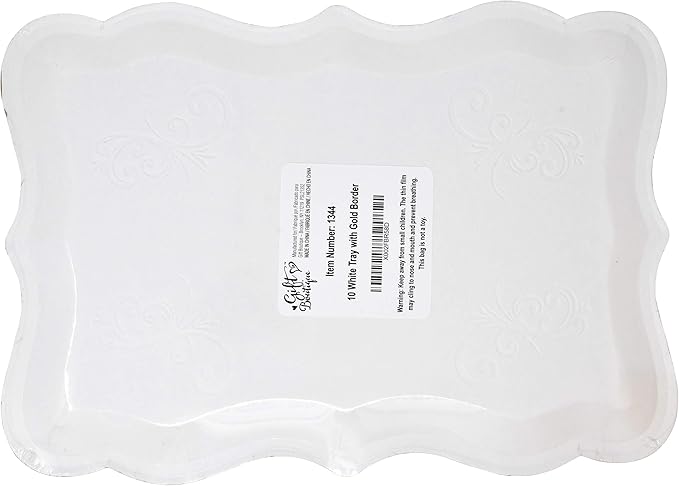 Gift Boutique 10 White Rectangle Trays with Gold Rim Border for Dessert Display Table Parties 9" X 13" Disposable Paper Cardboard in Elegant Shape for Platters Cupcake Display Birthday Party Weddings
