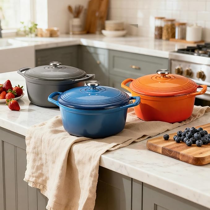 Overmont Enameled Cast Iron Dutch Oven - 5.5QT Pot with Wide Handles Lid Cookbook & Cotton Potholders - Heavy-Duty Pre-Seasoned Cookware Oven Safe to 500°F for Braising, Stews, Roasting, Bread Baking