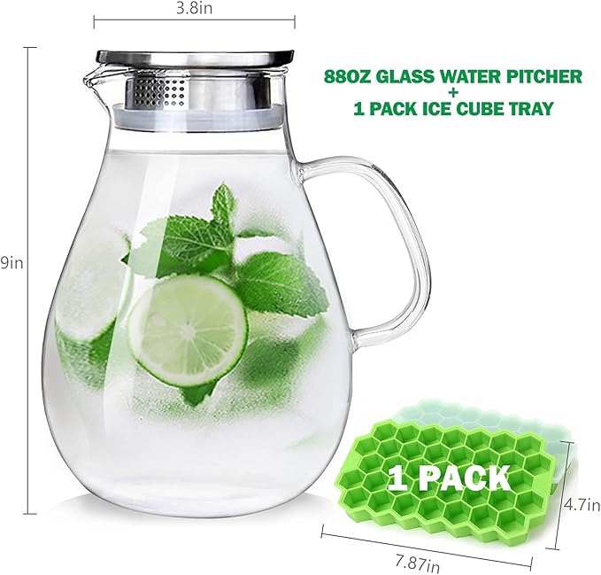 88OZ Glass pitcher with lid and Spout,High Heat Resistance Pitcher water jug for Hot/Cold Water & Iced Tea Wine Coffee Milk and Juice Beverage Carafe with Ice Tray (2.6L)