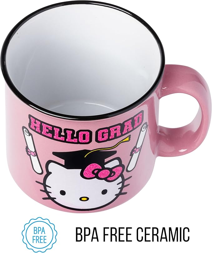 Silver Buffalo Sanrio Hello Kitty "Hello Grad" Graduation Glitter Ceramic Camper Mug, 20 Ounces