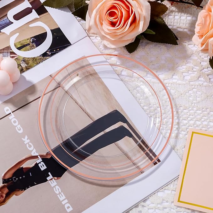 bUCLA 100PCS Clear Rose Gold Plastic Plates Disposable - Heavy Duty 6.25 Inch Clear Plastic Dessert Plates with Rose Gold Trim - Ideal for Party, Wedding & Mother's Day
