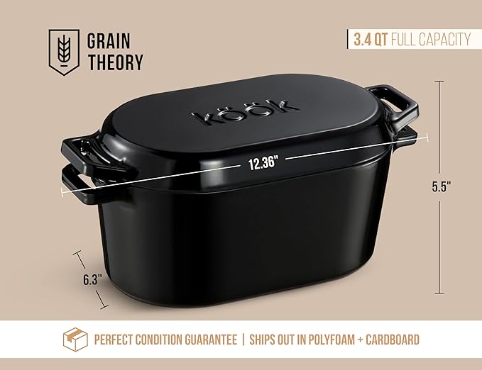 KooK Enameled Cast Iron Dutch Oven for Sourdough Bread Baking - 3.4 Qt Pot with Lid for Even Heat Distribution - Includes Lid Lever