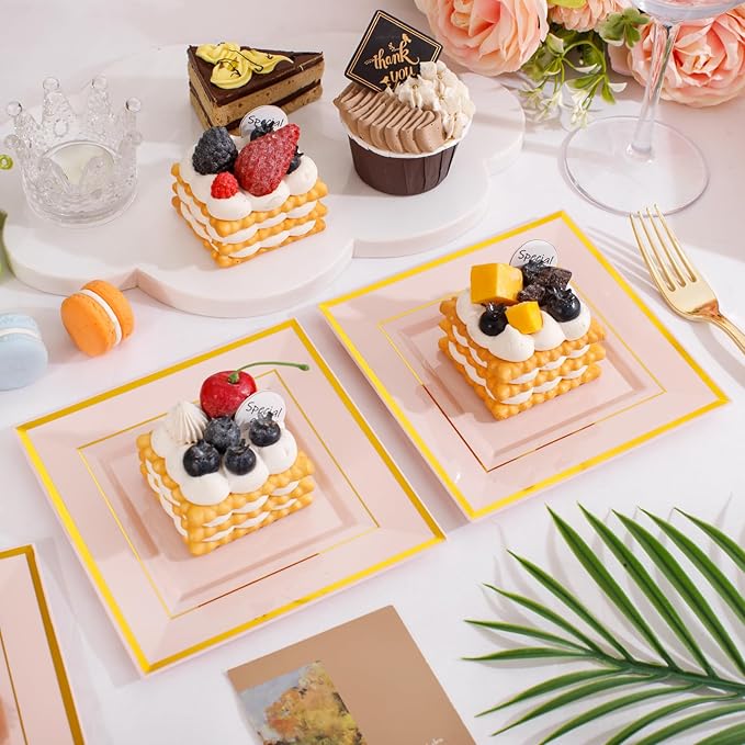 bUCLA 100PCS Pink Square Plastic Plates - 6inch Disposable Pink and Gold - Premium Hard Square Small Appetizer/Cake Plates for Wedding, Party & Easter