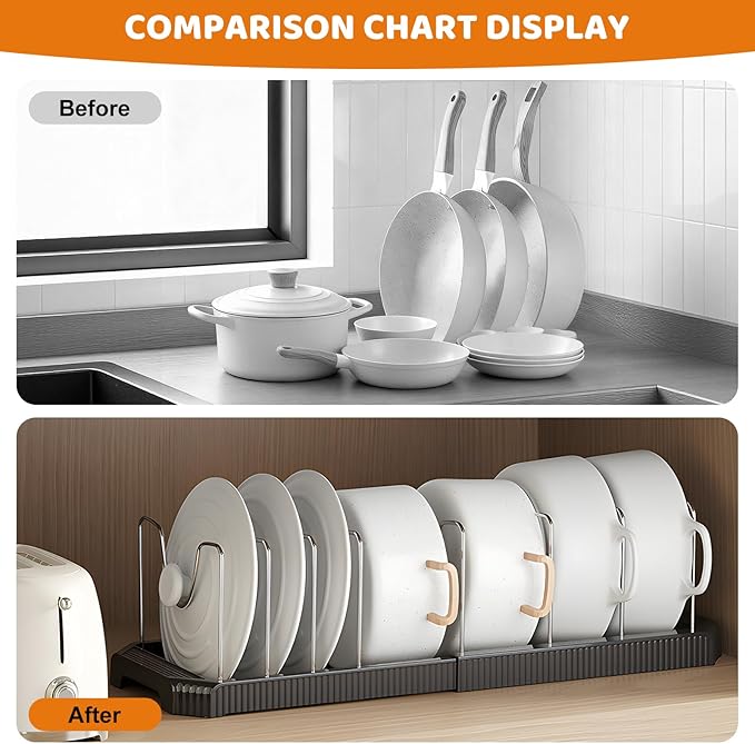 Pots and Pans Organizer Under Cabinet, 10-Slot Expandable Pot Rack Organizer with Cup Brush, Kitchen Pots and Pans Organizer for Cookware, Lids, Bakeware, Cutting Boards Tool-Free Installation (Black)
