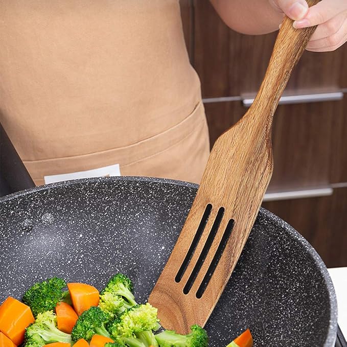Wooden Spurtle Set As Seen On TV, AOOSY 5 Pcs Natural Acacia Wood Spatula Kitchen Tools Utensil Set Heat Resistant Non Stick Wood Cookware, Slotted Spatula for Stirring