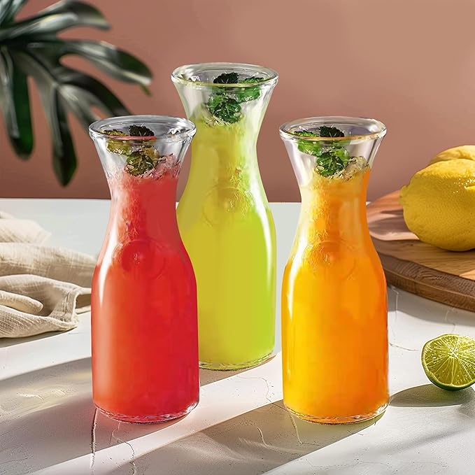 Glass Carafe with Bamboo Lid, Round 35 Oz Beverage Dispensers Carafe, Mimosa Bar Supplies, Clear Glass Pitcher with Name Labels for Iced Tea, Coffee, Juice(Set of 6)