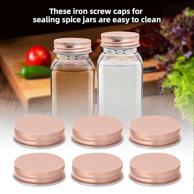 48 Pcs iron Jar Lids Lids for 4 oz and 6 oz Square Spice Jars Reusable Can Airtight Spice Storage Canning Lids for Nice Sealing Kitchen (Rose gold)