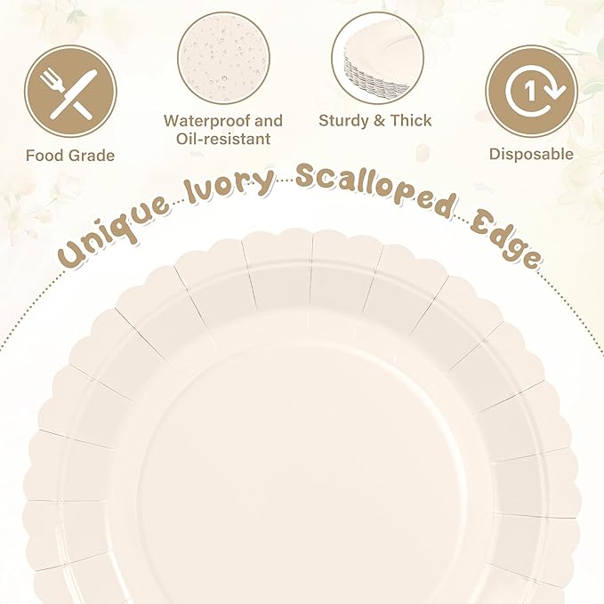 30 Pcs Ivory Paper Plates, 9 Inch Cream Scalloped Dessert Plates Disposable Ivory Dinner Paper Plates Wedding Plates Party Supplies for Baby Shower, Wedding, Bridal Shower, Birthday Party