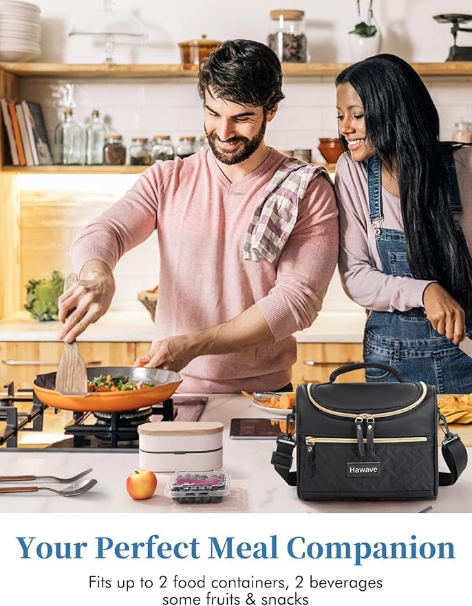 Lunch Bag for Women Men Adult Insulated Lunch Box, Leakproof Lunch Cooler Bag with Front Pocket & Adjustable Shoulder Strap, Reusable Large Lunch Tote Bag for Work Office Travel Picnic, Black