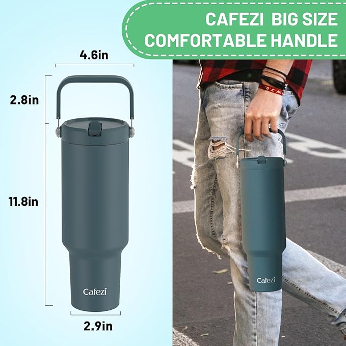 50oz Insulated Tumblers, Stainless Steel Water Bottles with Flip Straw and Top Handle, Leak Proof, No Sweat, Fits in Cup Holder, Vacuum Insulated Cup for Home, Office, Outdoors, Car