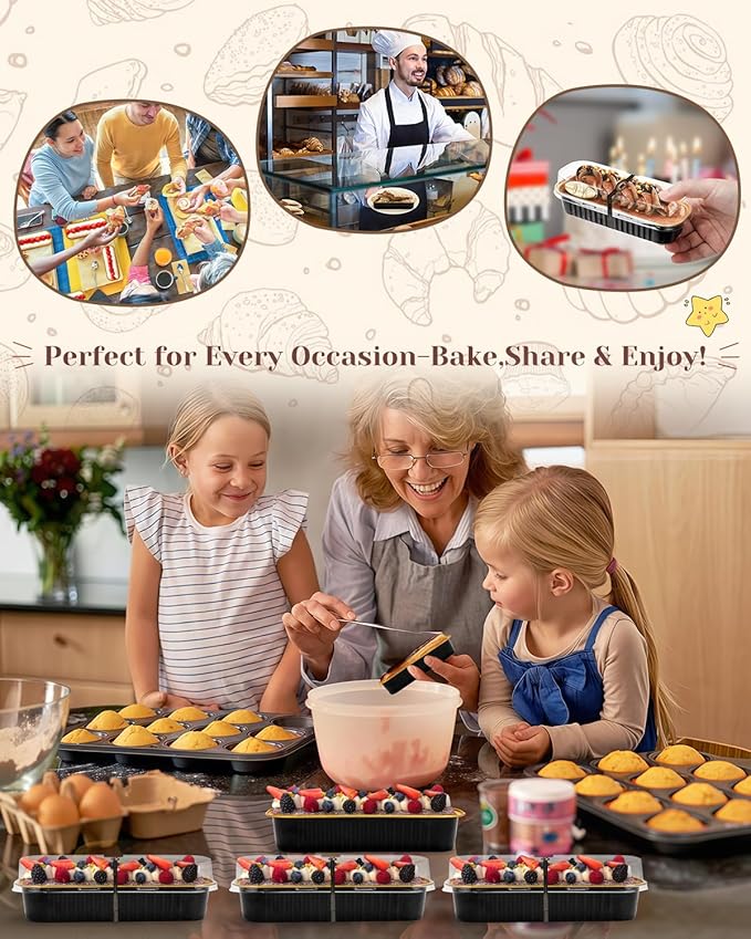 100 Pack Mini Loaf Pans with Lids, Spoons & Stickers โ Disposable Aluminum Foil Baking Cake Containers for Oven, Air Fryer & Freezer โ Ideal for Cakes, Bread, Pudding, Parties & Gifting, Black