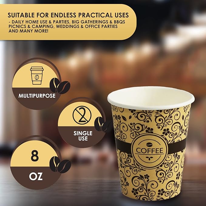 PAMI Disposable Coffee Cups, Single-Use Paper Cups, To-Go Hot Beverage Cups for Espresso Coffee Tea Hot Chocolate, Leak Resistant, Cafe & Home Use (50, 8oz)