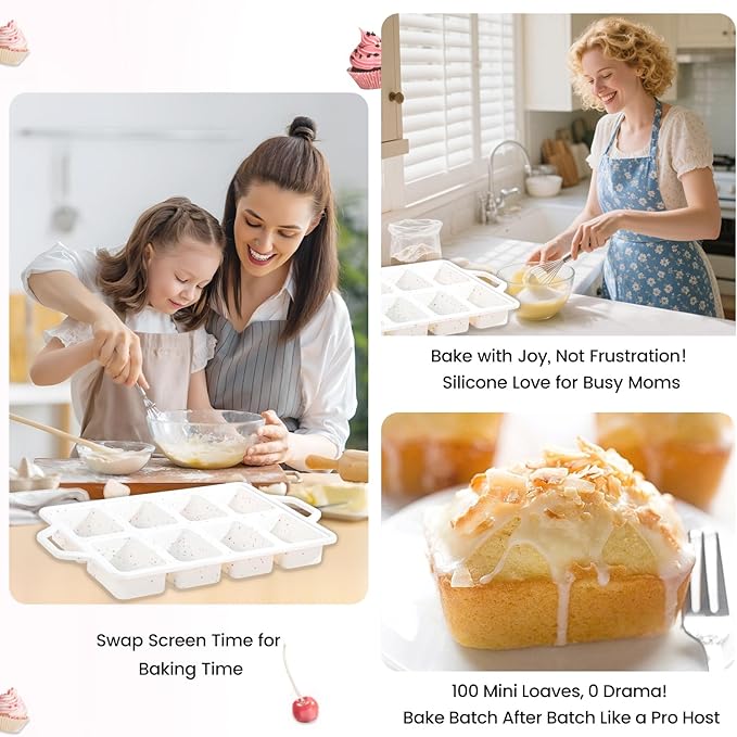 SJ Silicone Mini Loaf Pans with Metal Reinforced Frame-1 Pack, Non-stick Silicone Mini Bread Loaf Pans for Baking 8-Cavity, Tiny Banana Bread Set, Dishwasher Safe Brownie Pan-Cream