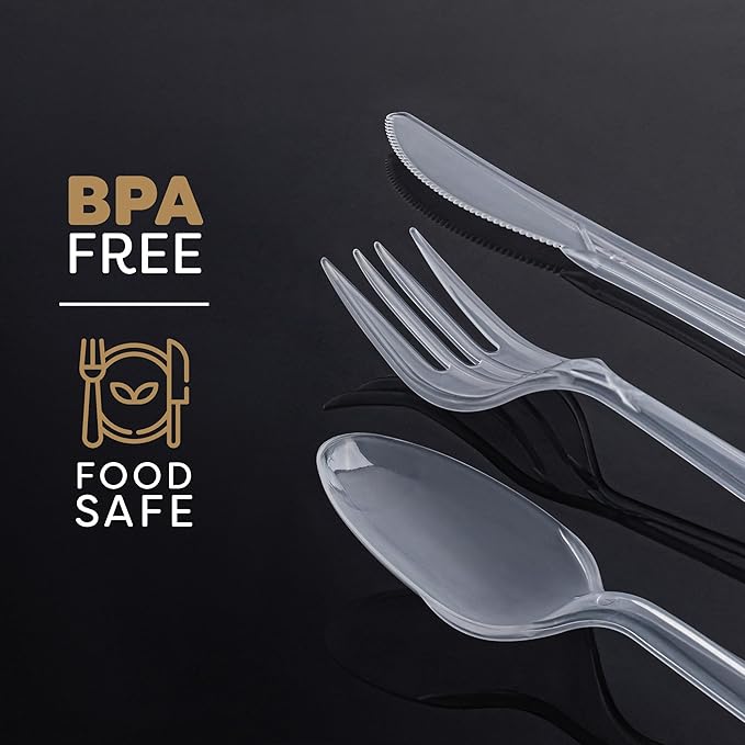 PLASTICPRO 400 Pack Disposable Plastic Utensils Assorted Colored Cutlery Combo Set Forks Spoons Knives Silverware, Transparent Plastic Cutlery for Parties