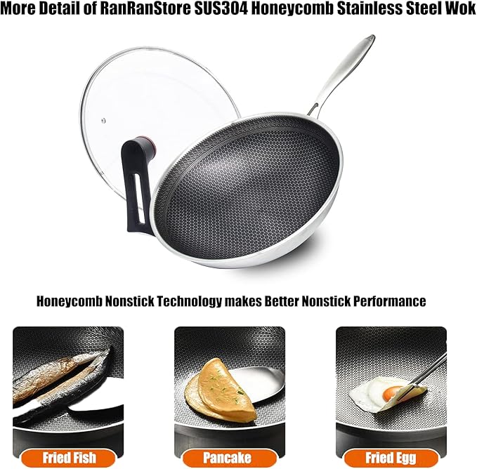 Hybrid Nonstick 14.5Inch Stainless Steel Pan, Large PFOA Free Non-Stick Wok, Dishwasher Oven Safe, Stay Cool Handle Skillet, Works with Induction Cooktop/Ceramic/Gas/Electric Stove