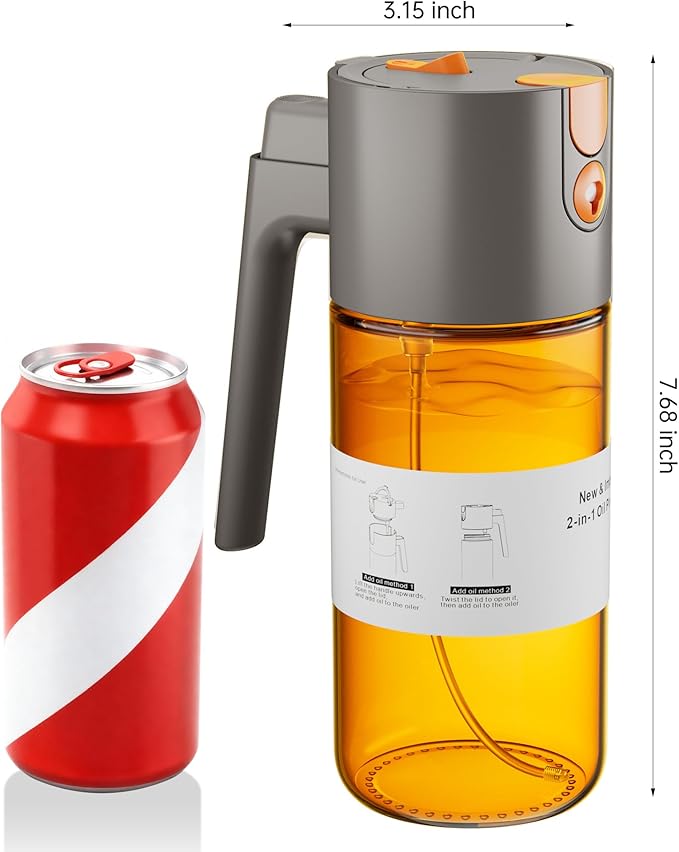 Upgrade 2 in 1 Oil Sprayer for Cooking, 17oz Light-Blocking Glass Olive Oil Dispenser Bottle for Kitchen,Food-Grade Oil Mister with 8 Stickers for Salad, Frying (Grey)