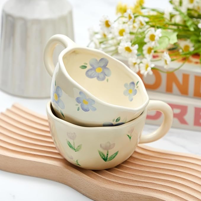 Vesici 2 Pcs Ceramic Coffee Mugs with Spoon, Vintage Floral Spring Mugs with Handle, 8.5 oz Aesthetic Flower Porcelain Tea Cup Set, Dishwasher & Microwave Safe for Home Office Gift(Vibrant)