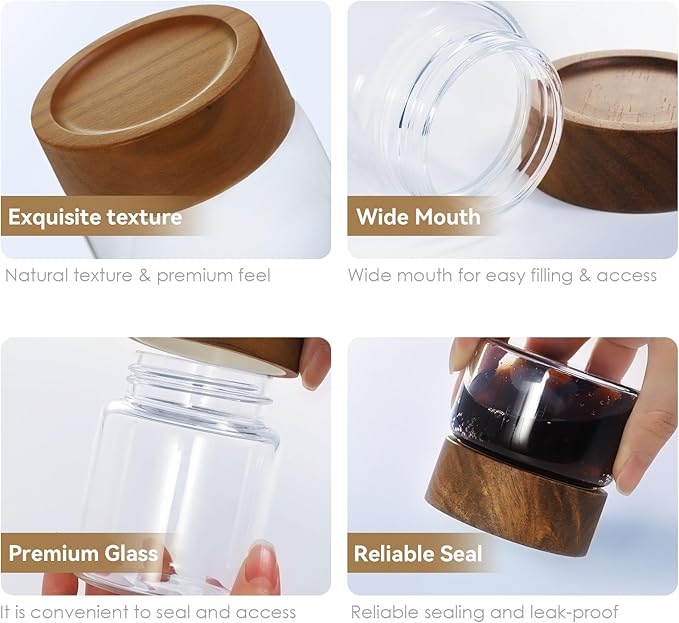 6-Pack 6 fl oz Airtight Food Sealed Jars with Acacia Wood Lids - Glass Meal Prep Containers for Overnight Oats, Snack Storage, Chia Pudding, Pantry Organization Essentials