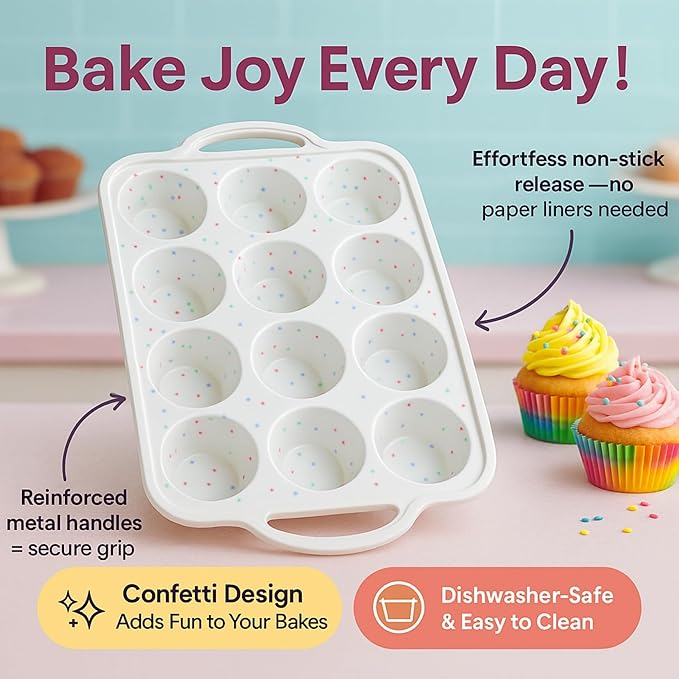 2-Pack Silicone Muffin Pan Set – Regular 12 Cup & Mini 24-Cup Silicone Muffin Pans for Baking – Nonstick Silicone Cupcake Pan with Metal-Reinforced Handles – BPA-Free, Dishwasher-Safe, Cream