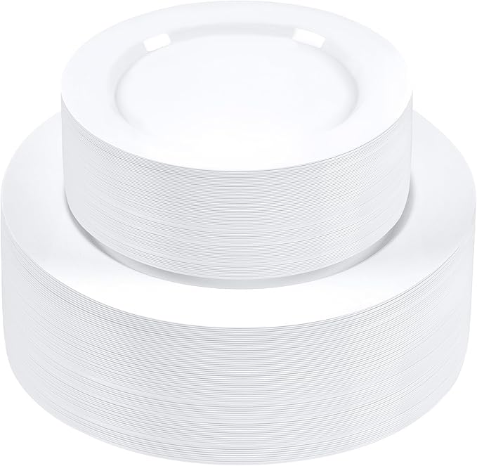 SETUP Case of 300 Combo Plastic Plates - Premium Heavy-Duty 150 Disposable 10.25" Dinner and 150 7.5" Salad White Plates for Wedding, Party, and All Occasions
