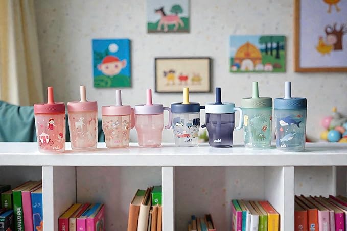 Zak Designs Capri Toddler Tumbler For Travel or At Home, 10oz 2-Pack Durable Plastic Sippy Cups With Handle and Leak-Proof Design are Perfect For Kids (Wheels, Blue)
