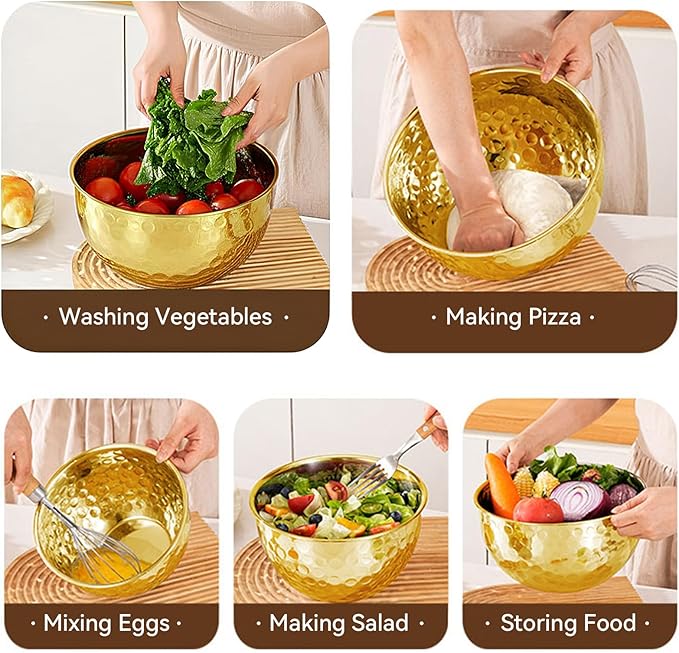 Gold Mixing Bowls Hammered Mixing Bowl Set, Stainless Steel Golden Finish Decorative Serving Bowls for Kitchen, 3 Piece Salad Bowl for Prepping Cooking Baking Serving Gold Serving Bowls for Home Decor