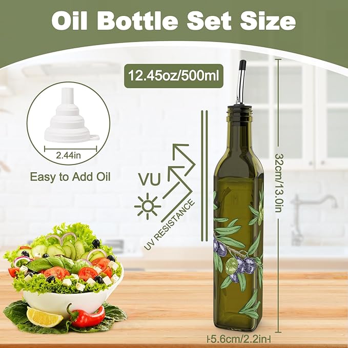 COOLMI Oil and Vinegar Dispenser Set - 17oz/500ML Premium Glass Olive Oil Dispenser Bottles for Kitchen, Oil Dispenser for Kitchen (Olive)