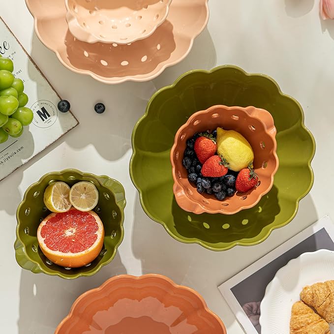 Cute Scallop Edge Ceramic Colander with Handles(7.6"),Round Colorful Berry Basket, Small Fruit Container for Strawberry, Cherry & Kitchen Counter,Cinnamon Orange