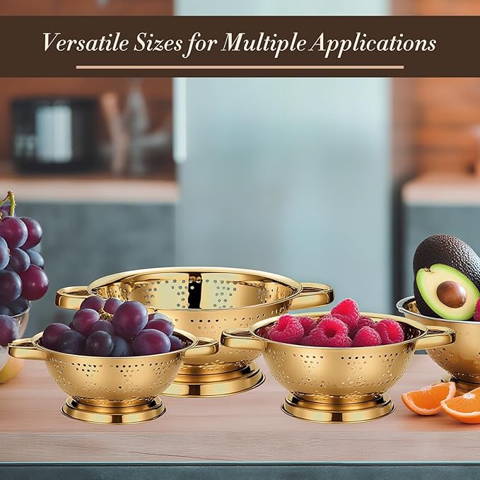 3 Pcs Gold Colander Set 1/2.5/4 Quart Stainless Steel Colander Gold Strainer Basket with Handles Kitchen Strainer for Draining Spaghetti Pasta, Rinsing Vegetables or Fruits