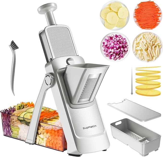 SupMaKin Upgrade Safe Mandoline Slicer,Multi Vegetable Chopper,Potato Slicer, Onion Chopper with Drain Basket Storage Container, Cheese Grater Kitchen Chopping Artifact (SliverGray)