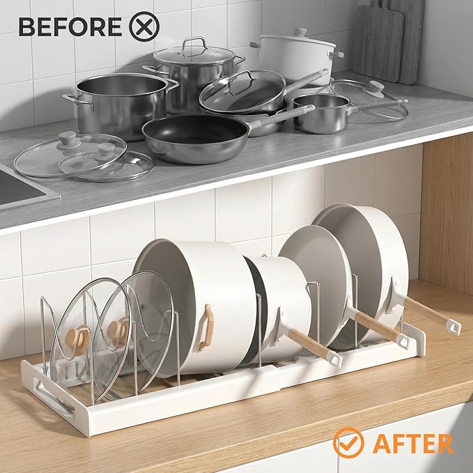 Expandable Pot and Pan Organizer Rack for Cabinet, Pot Lid Organizer Holder with 7 Stainless Steel Adjustable Dividers for Kitchen Cabinet Organizer and Storage (White)