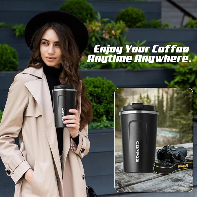 Travel coffee mugs leak-proof, reusable coffee cups with lids, stainless steel vacuum insulated coffee tumblers, thermal insulation cups for men & women keep drinks hot & cold(2nd-Black, 17OZ)