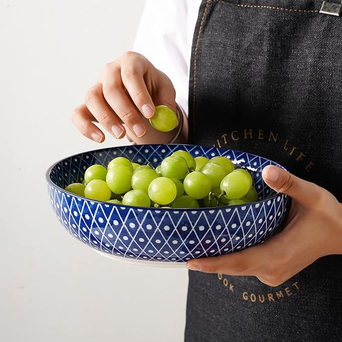 Selamica Ceramic Pasta Bowls Set of 4,Large Salad Bowls, Stackable Serving Bowls, Microwave Dishwasher Safe, 8.6 inch,50 OZ,Vintage Blue