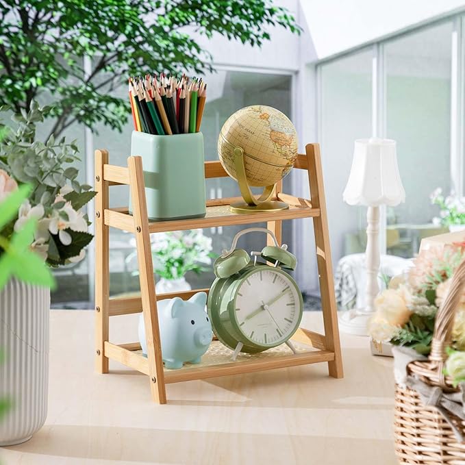 1 Pcs 2 Tier Matcha Station Shelf Bamboo Coffee Mug Stand Countertop Storage Rack, Double Layer Rattan Office Cup, Kitchen, Tea, Plant, Bar Accessories Condiment Display(Wood,10.2 Inch)