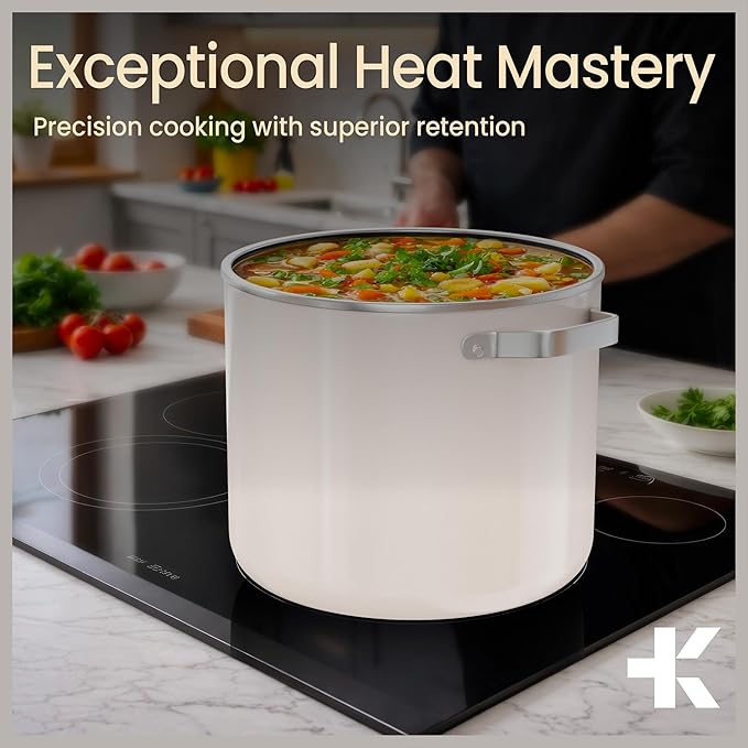 Bakken 16 Quart Ceramic Coated Stock Pot with Lid, Easy Clean Nonstick Pot, Tempered Glass Lid, Riveted Stainless Steel Handles, Oven Safe Up To 500°F, PTFE & PFAS Free, All Stove Compatible, Cream