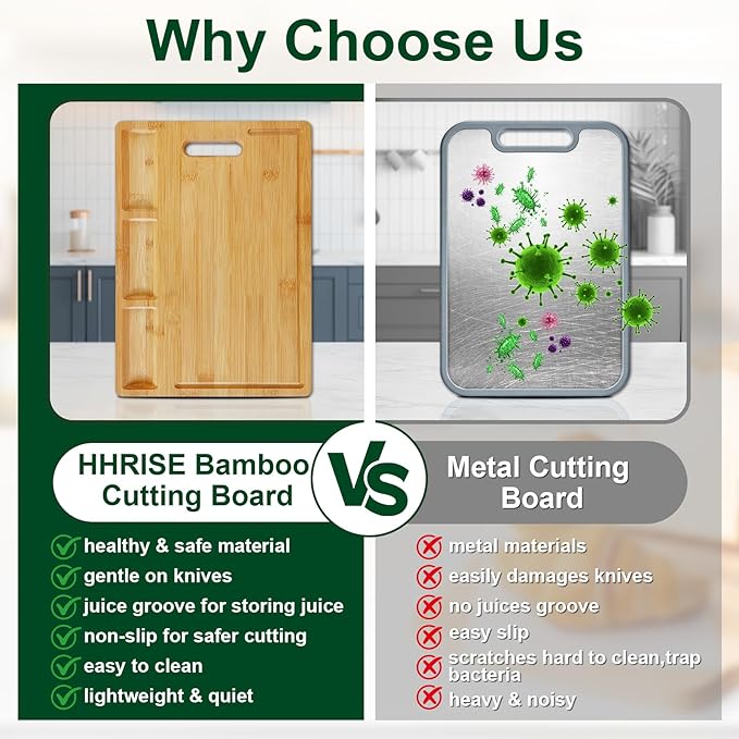 HHXRISE Large Bamboo Cutting Board (17 x 12.6 in) - All-in-One Meal Prep Station with 3 Built-in Compartments & Deep Juice Grooves, Reversible Wood Chopping Board for Meat, Veggies & Charcuterie Tray