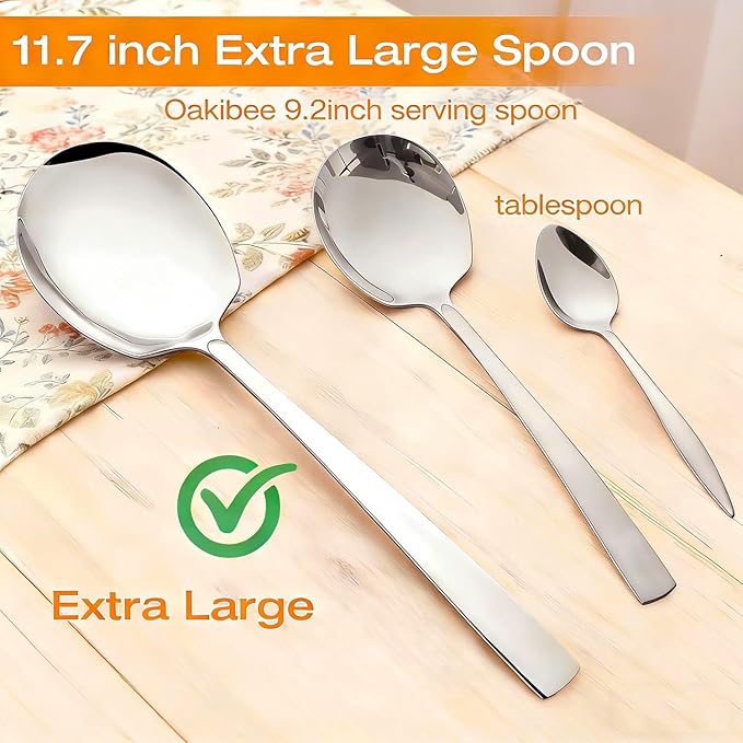 Extra Large Serving Spoons Set 11.7-Inch Silver Serving Utensils 18/8 Stainless Steel Big Metal Spoons for Buffet, Parties, Catering, Banquet - Dishwasher Safe (6-Pack, Silver)